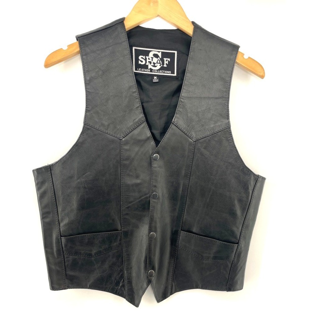 Vintage SHAF Leather Vest Black M Biker Motorcycle Patchwork Western 90s Grunge